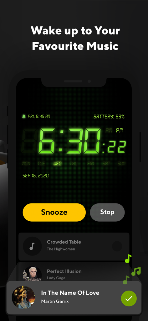 Alarm Clock: Music Sleep Timer - Digital alarm clock app interface with a green LCD display showing the time and a music selection menu at the bottom.