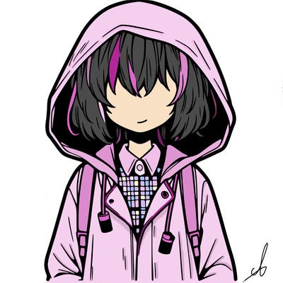 little anime girl in a raincoat her hair is covering her eyes she has a lighter