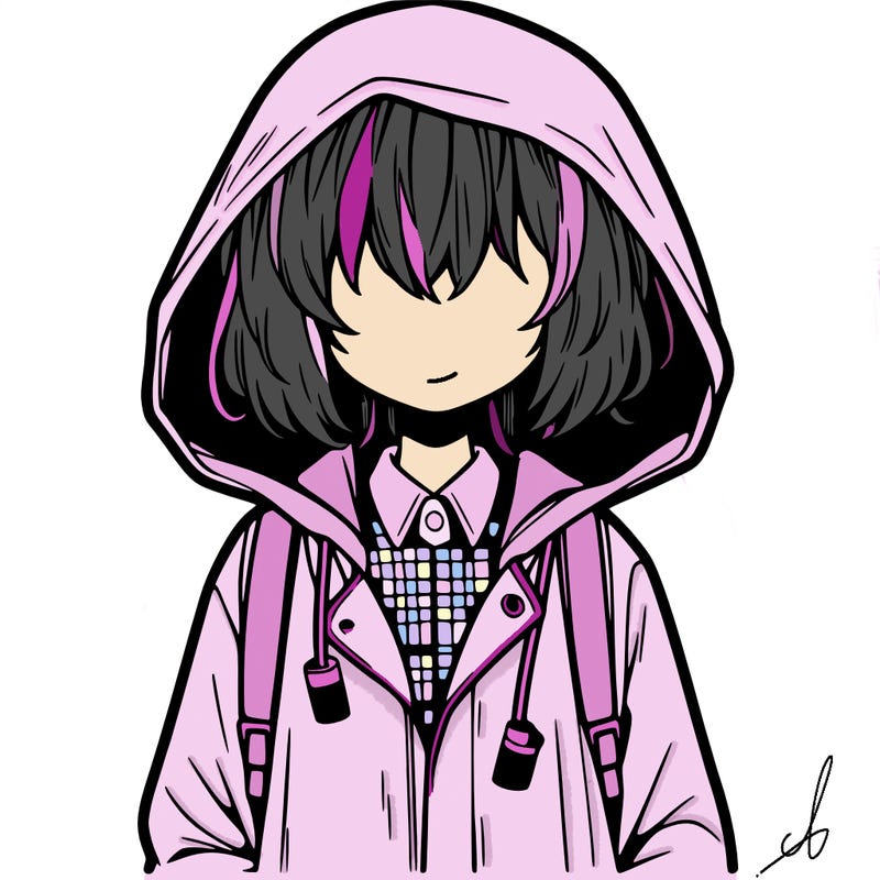 little anime girl in a raincoat her hair is covering her eyes she has a lighter