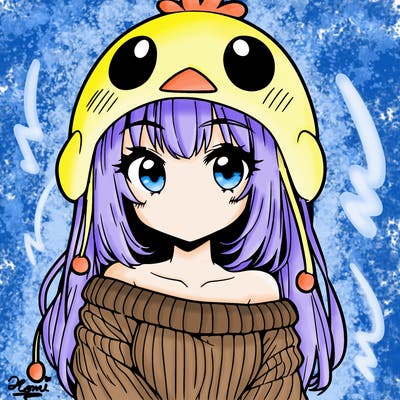 anime girl with chick shaped hat with sweater with bare shoulders with bangs covering them one eye with low tail