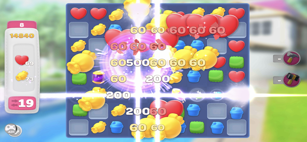 Home Decor - Interior Design - Match-3 puzzle gameplay in Home Decor showing colorful icons and special explosion effects with score points.