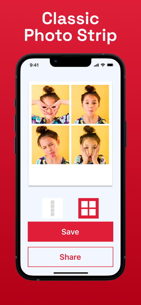 App Collage Maker che mostra un layout a griglia 2x2 da cabina fotografica.