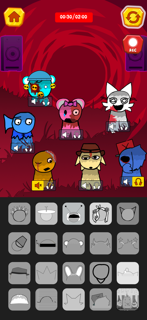 Horror Beats: Scary Music - 괴물 캐릭터와 사운드 아이콘이 특징인 호러 비트 무서운 음악의 인터페이스