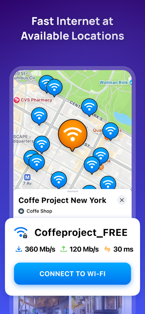Pantalla de la aplicación WiFi Map que muestra los puntos de acceso a Internet disponibles en un mapa de Nueva York con detalles de velocidad para la red de una cafetería seleccionada.