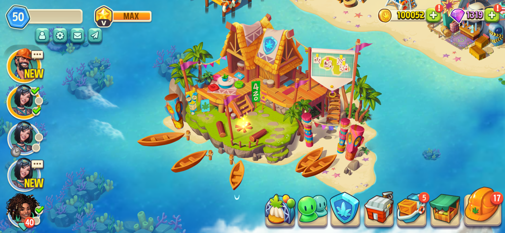 Hemp Paradise: 420 Weed Farm - A colorful tropical beach resort in the Hemp Paradise mobile game featuring a 420 themed hut and tiki statues.