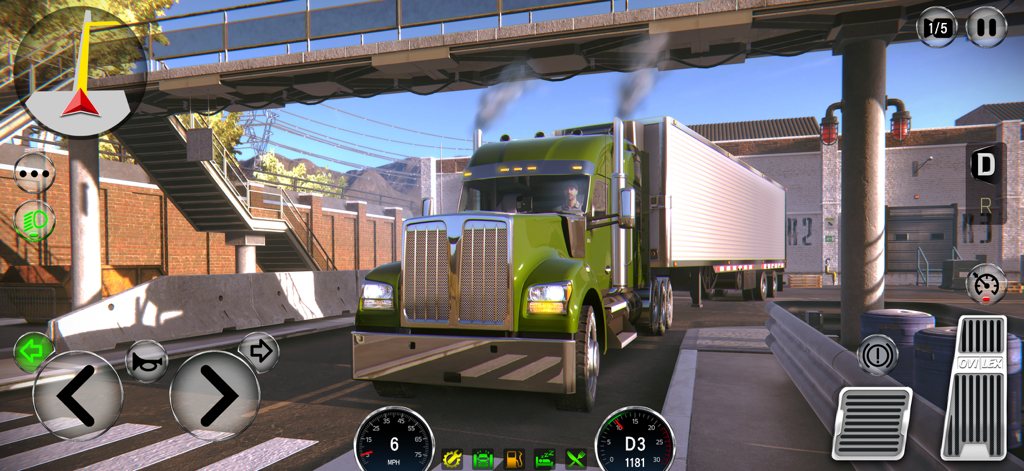 A green semi truck with a trailer parked in an industrial area under a bridge with game controls visible on screen.