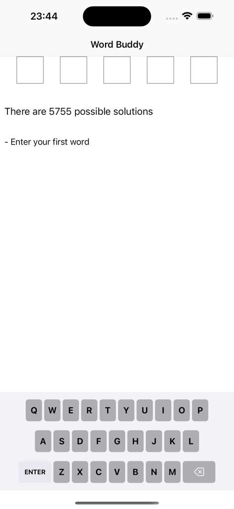 WordBuddy app interface showing five empty letter slots and a virtual keyboard for word game assistance.