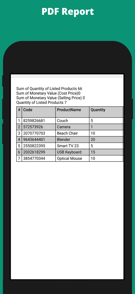 Stock Manager Online - A mobile screen displaying an inventory PDF report with a table of product quantities