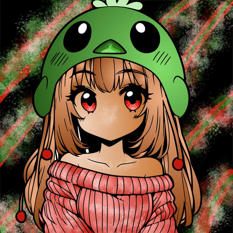 anime girl with chick shaped hat with sweater with bare shoulders with bangs covering them one eye with low tail