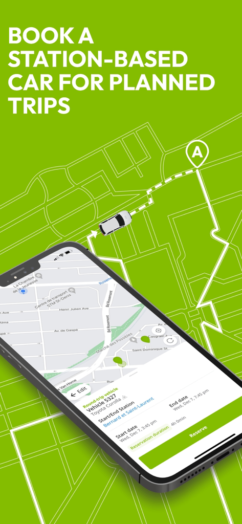 Interface de l'application Communauto pour réserver un véhicule en autopartage en station.