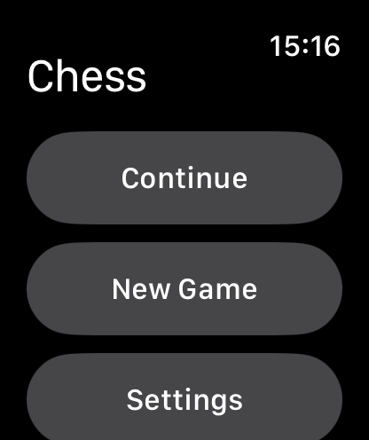 Mini Chess for Watch - Main menu of the Mini Chess app on Apple Watch with buttons for Continue, New Game, and Settings