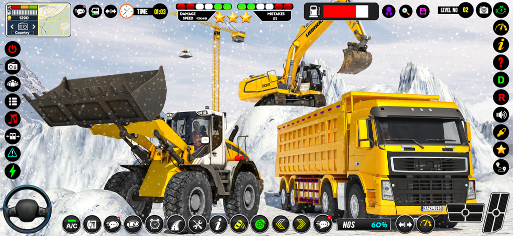 Road Build & Dropoff Missions - Maquinaria de construcción pesada, incluyendo un camión volquete amarillo y una cargadora de ruedas, en un entorno montañoso nevado