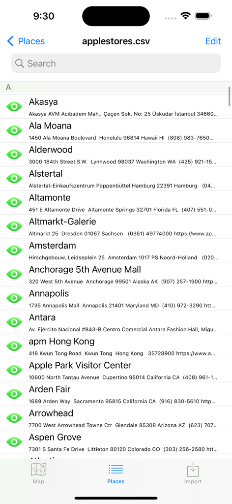 POIViewer - Searchable list of points of interest imported from a CSV file in POIViewer app