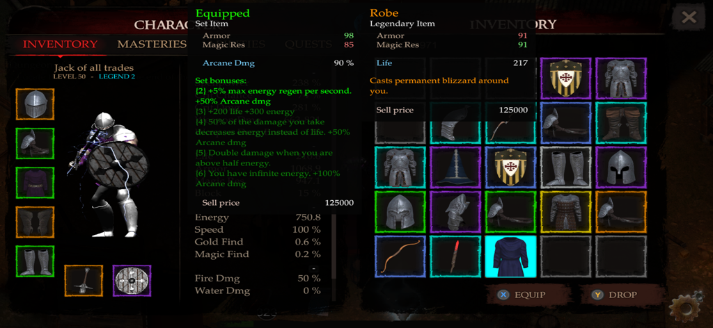 Powerlust - Action RPG offline - Pantalla de inventario y equipo del personaje en Powerlust mostrando estadísticas de objetos legendarios y atributos del personaje.