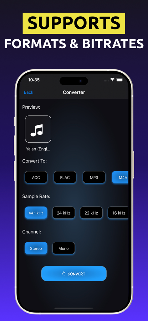 Audio converter app interface showing format selection and bitrate settings