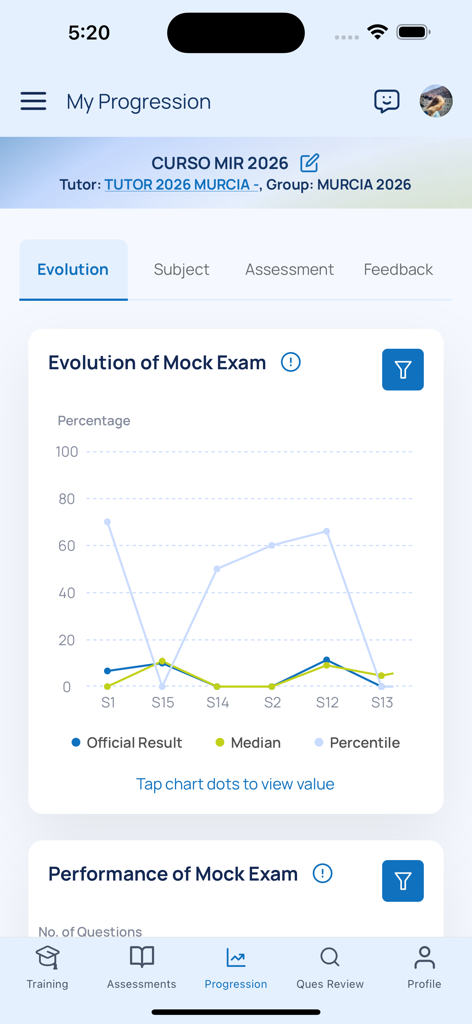 Écran de progression de l'application Healthcademia montrant un graphique d'évolution d'examen blanc avec les résultats officiels et les percentiles