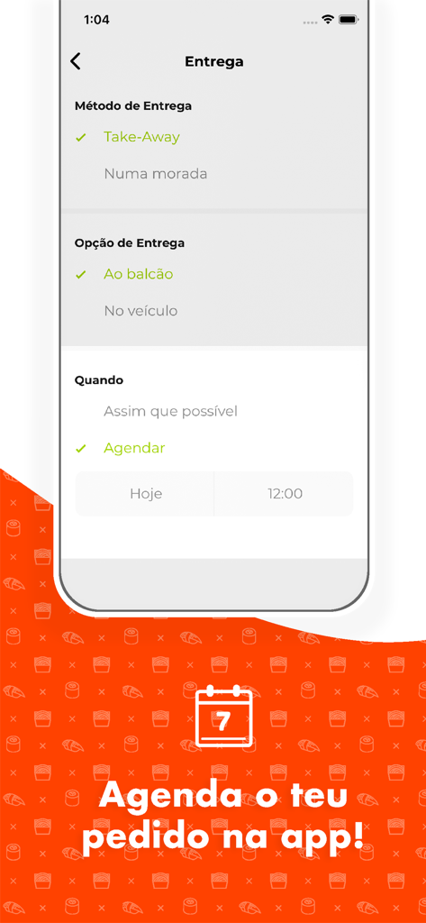 Mikado Sushi - 테이크 아웃 및 카운터 픽업을 위해 음식 주문 예약을 하는 옵션을 보여주는 미카도 스시의 모바일 앱 인터페이스