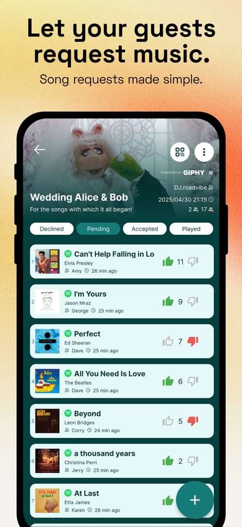 Rekwest - Song requests - Rekwest app interface showing a list of pending song requests for a wedding event