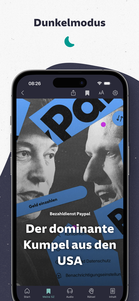 SZ Nachrichten - Interfaz de la aplicación SZ Nachrichten mostrando la función de modo oscuro con un artículo de noticias.