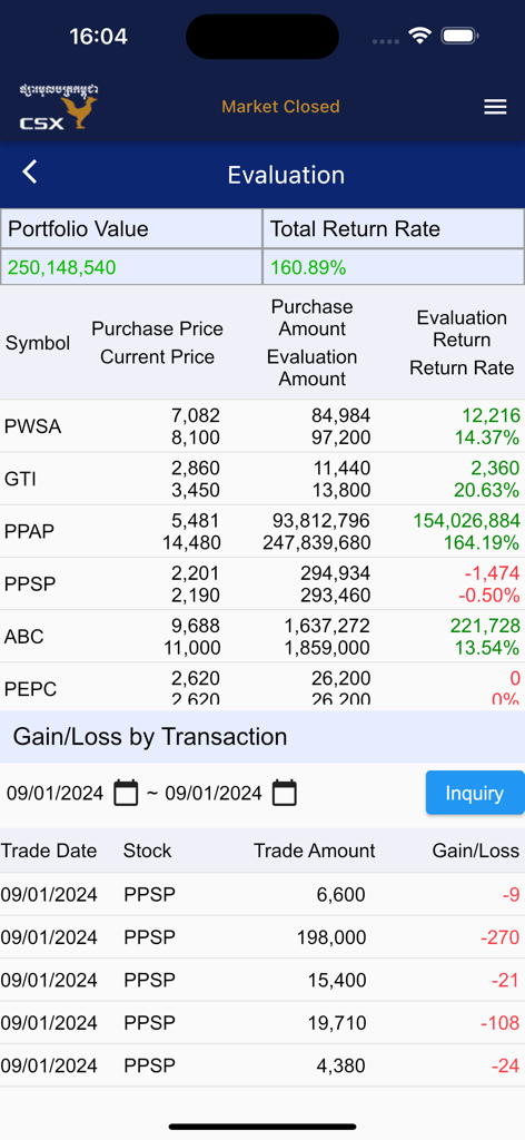 Schermata di valutazione dell'app CSX Trade che mostra il valore del portafoglio e la cronologia delle transazioni