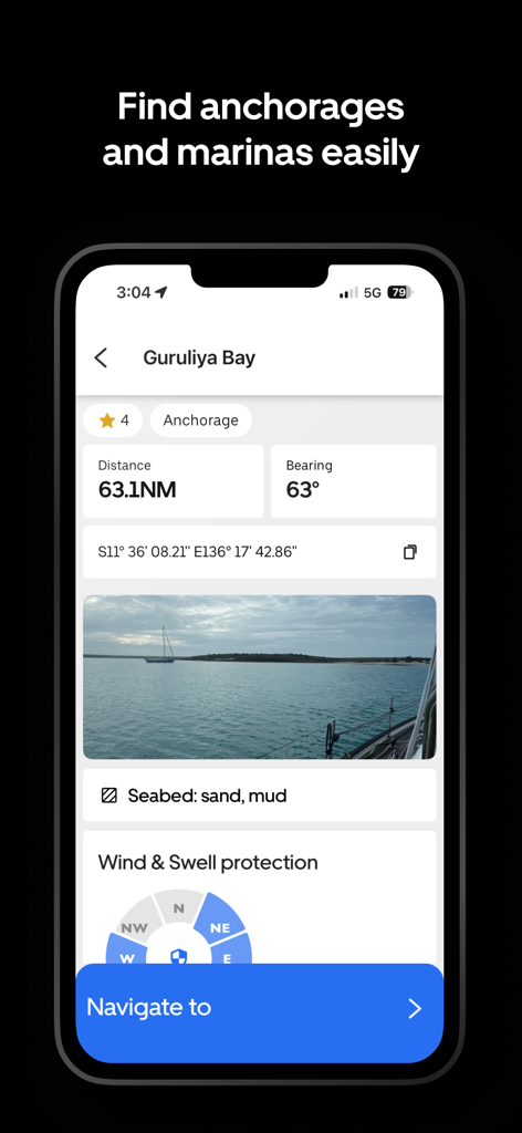 Screenshot dell'app Orca che mostra i dettagli dell'ancoraggio di Guruliya Bay con distanza, rilevamento, tipo di fondale e protezione dal vento