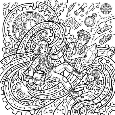 Dive into an extraordinary time-traveling adventure with our 'Accidental Chrononauts' coloring page. Unleash your creativity as you bring to life a dynamic scene swirling with gears, clocks, and fantastical elements.