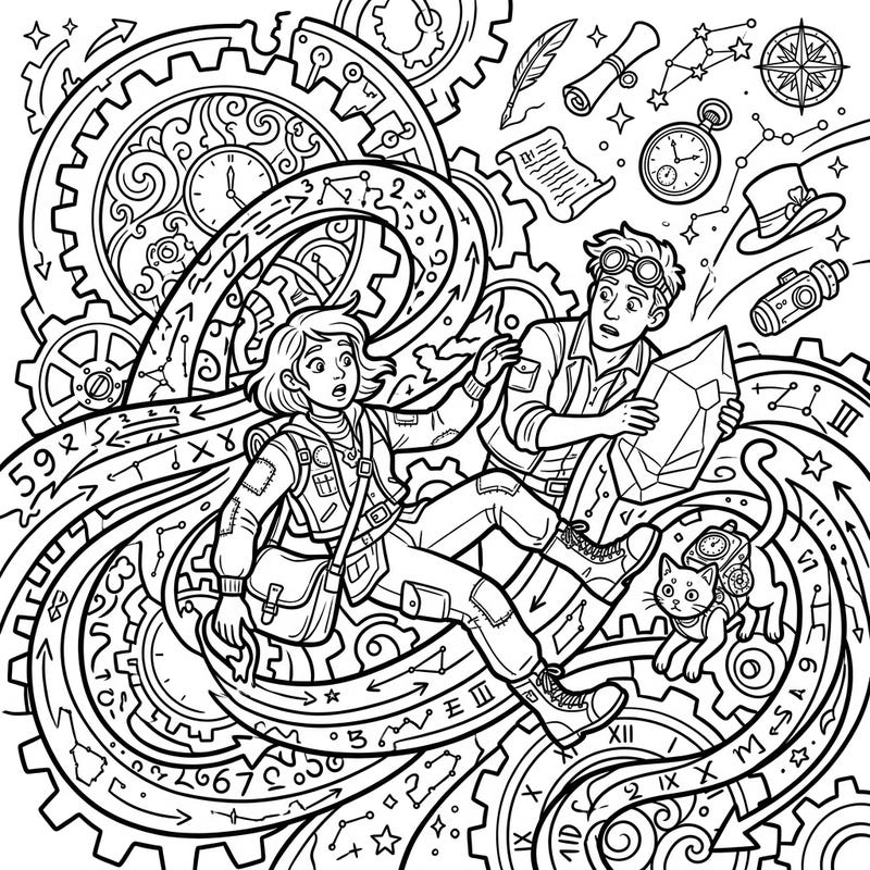 Dive into an extraordinary time-traveling adventure with our 'Accidental Chrononauts' coloring page. Unleash your creativity as you bring to life a dynamic scene swirling with gears, clocks, and fantastical elements.
