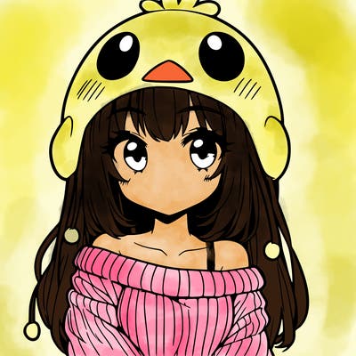 anime girl with chick shaped hat with sweater with bare shoulders with bangs covering them one eye with low tail