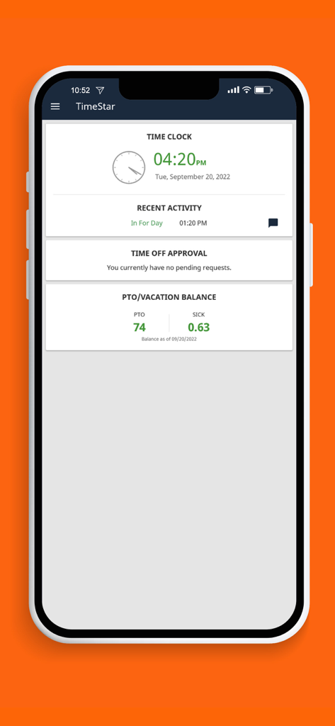 TimeStar Mobile - TimeStar Mobile app dashboard showing time clock recent activity and PTO vacation balances