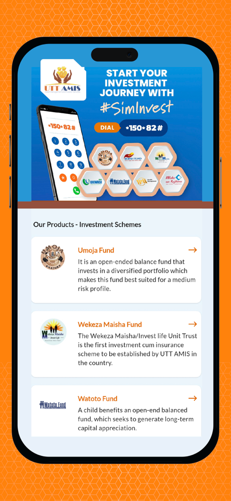 UTT AMIS - UTT AMIS app interface displaying Umoja and Watoto investment funds