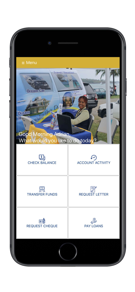 PCCU Mobile App - PCCU Mobile App home screen showing menu for checking balances and transferring funds