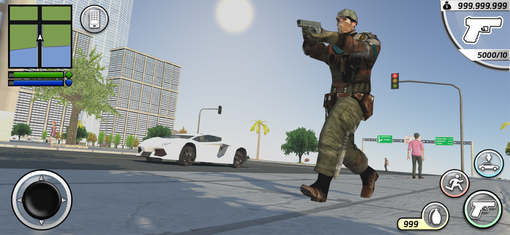 Action character holding a gun in an open world city street with a sports car