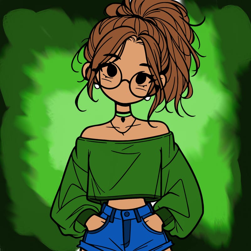 girl with a messy ponytail glasses a baggy crop top and jean shorts