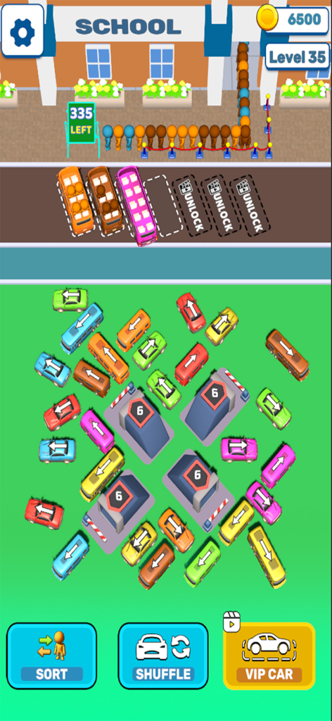 Bus Out Frenzy Traffic Jam - A level in Bus Out Frenzy showing a school bus parking jam with colored passengers and vehicles