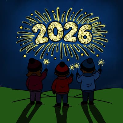 2026 with fireworks kids holding sparklers bobbles hats