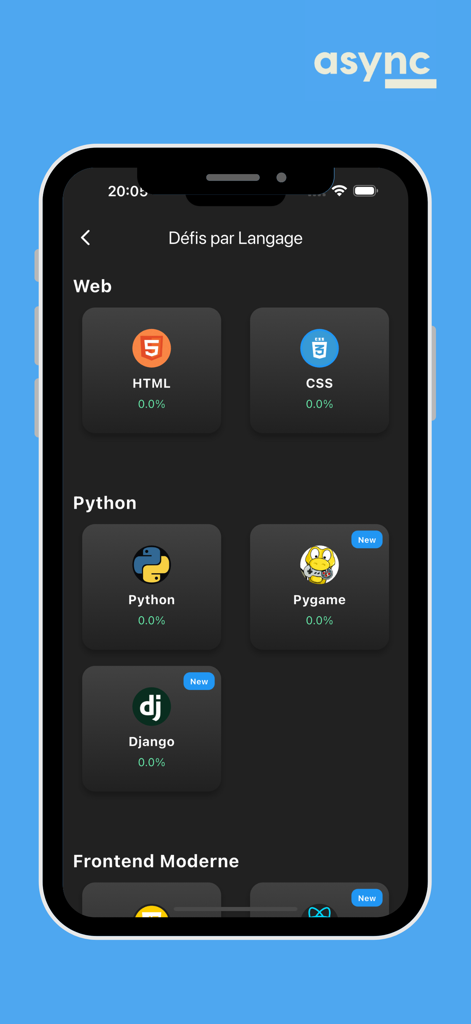 Async - Async app screen displaying programming language challenges for Web and Python development.