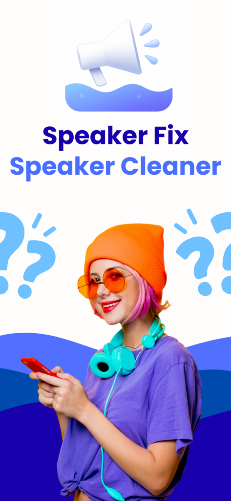 A woman holding a smartphone under the text Speaker Fix Speaker Cleaner with a megaphone icon