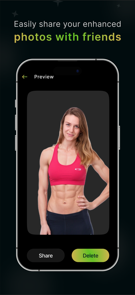 AI Muscle filter: Giga AI Body - A woman with AI-enhanced abdominal muscles on the preview and share screen of the Giga AI Body app