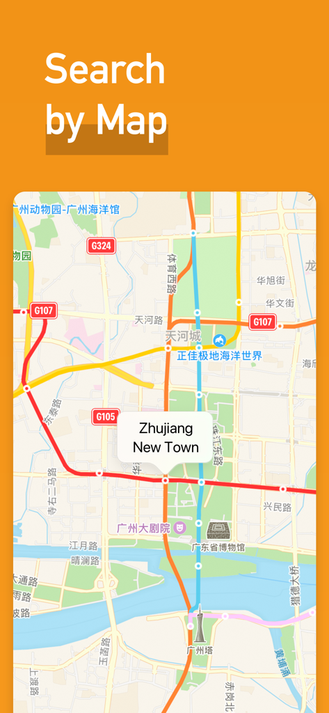 Search by map feature in the MetroMan Guangzhou app showing Zhujiang New Town