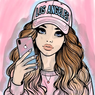 realistic beautiful girl wearing los ángeles cap holding an iphone
