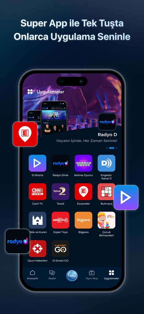 App mobile Kanal D che mostra strumenti integrati tra cui TV in diretta, radio e puzzle.