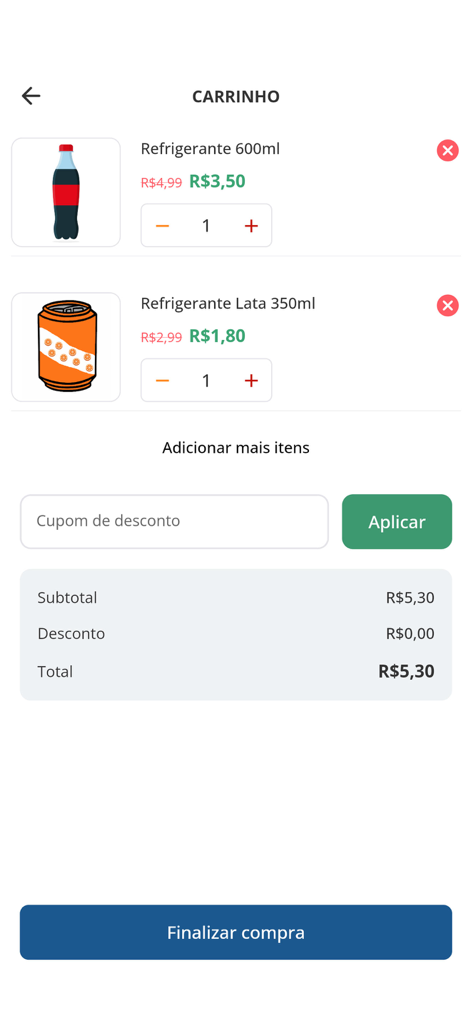 MKT APP - Shopping cart screen in the MKT APP showing selected beverages and the total purchase amount.