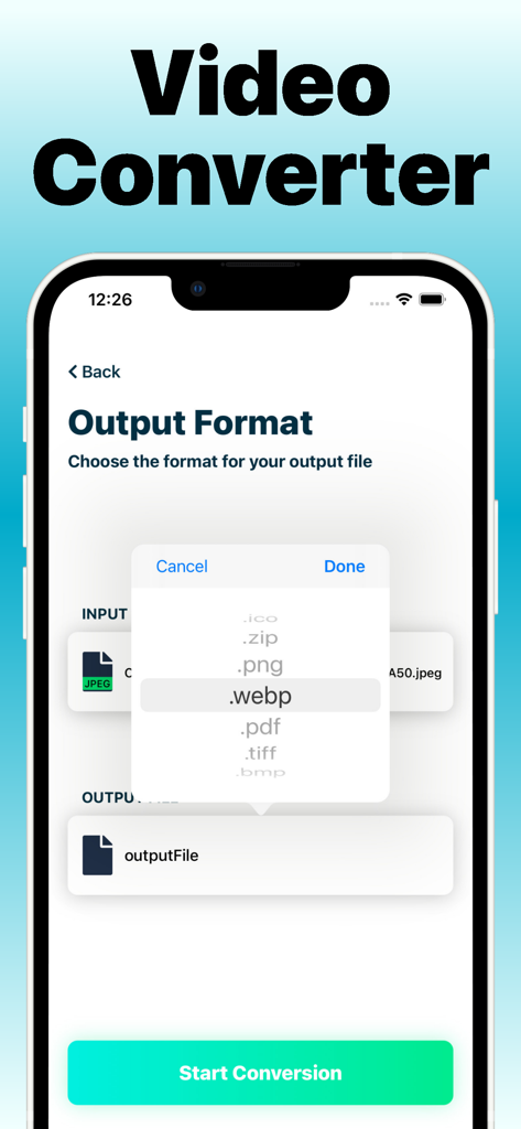 File Converter to the Formats - Mobile app interface showing the selection of webp as the output format for a file conversion
