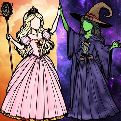detailed realistic split of a princess and a witch