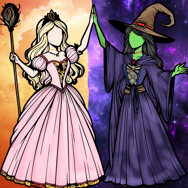 detailed realistic split of a princess and a witch