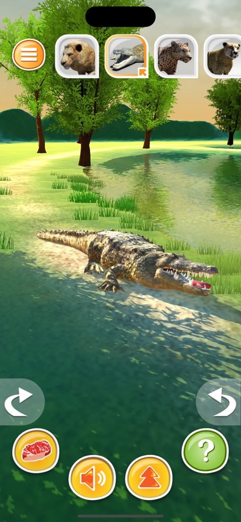 Animal Simulator 3D-Predetors - A 3D crocodile near a lake in the Animal Simulator 3D Predators mobile game.