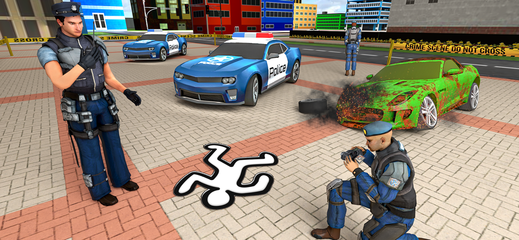 Police Dad Simulator Cop Car - A police dad officer investigating a crime scene with a chalk body outline and police cars