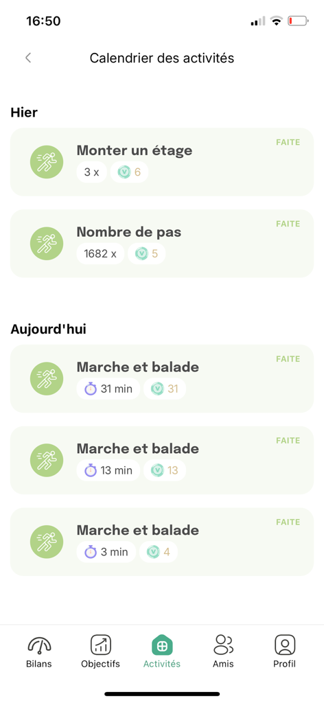 Vipali - Activity calendar in the Vipali health app showing a log of completed daily activities and steps