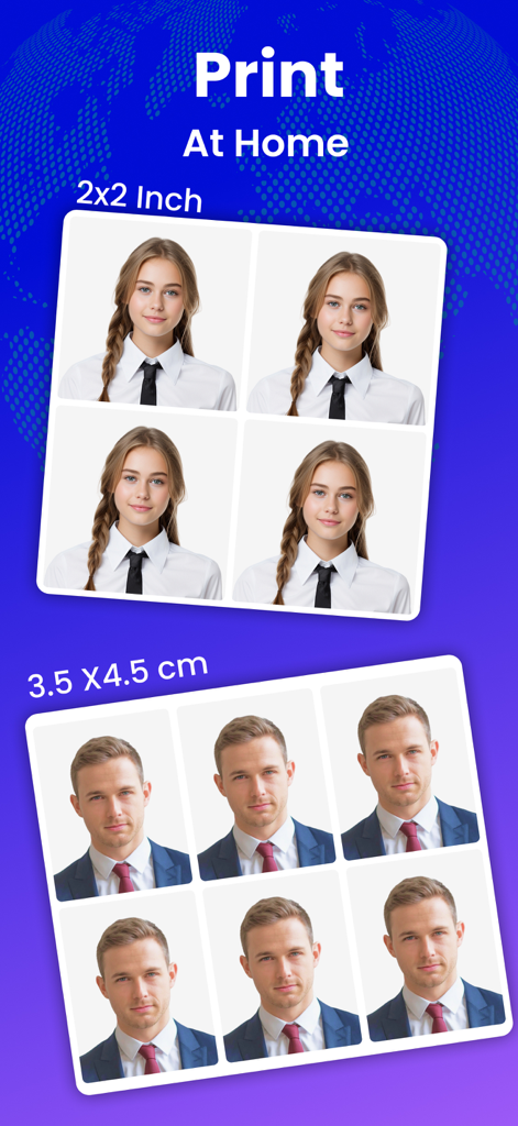 Examples of passport and ID photos in 2x2 inch and 3.5x4.5 cm sizes for home printing.