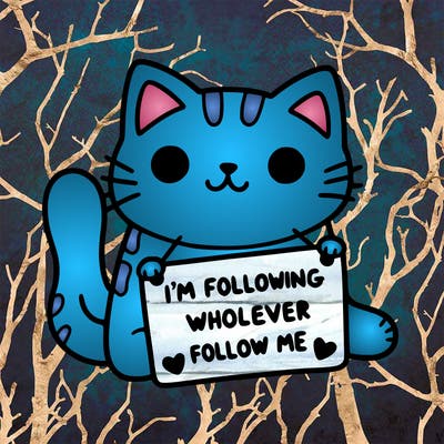 cat with a sign that says i’m following whoever follows me